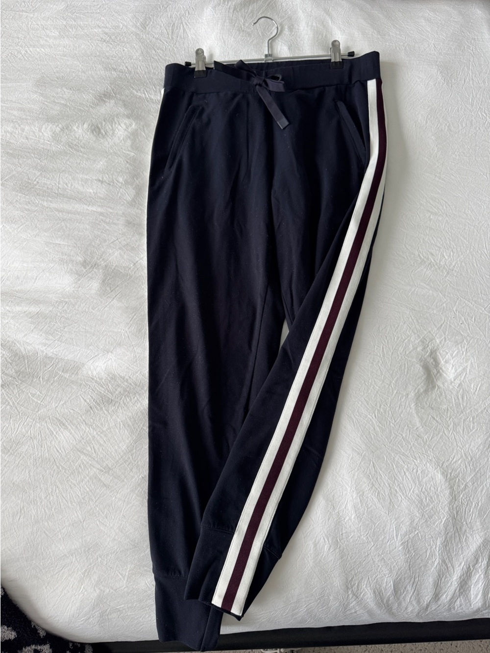 Women's Navy Track Pants with Burgundy & White Side Stripes